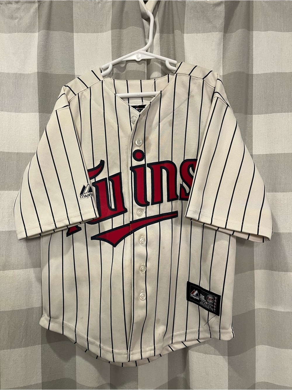 Majestic Kids Pinstripe Button-Front Twins Baseball Jersey - White, Navy, Red